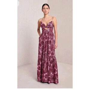 NWT A.L.C. Laura Keyhole Printed Smocked Back Maxi dark red pink Dress Size 0